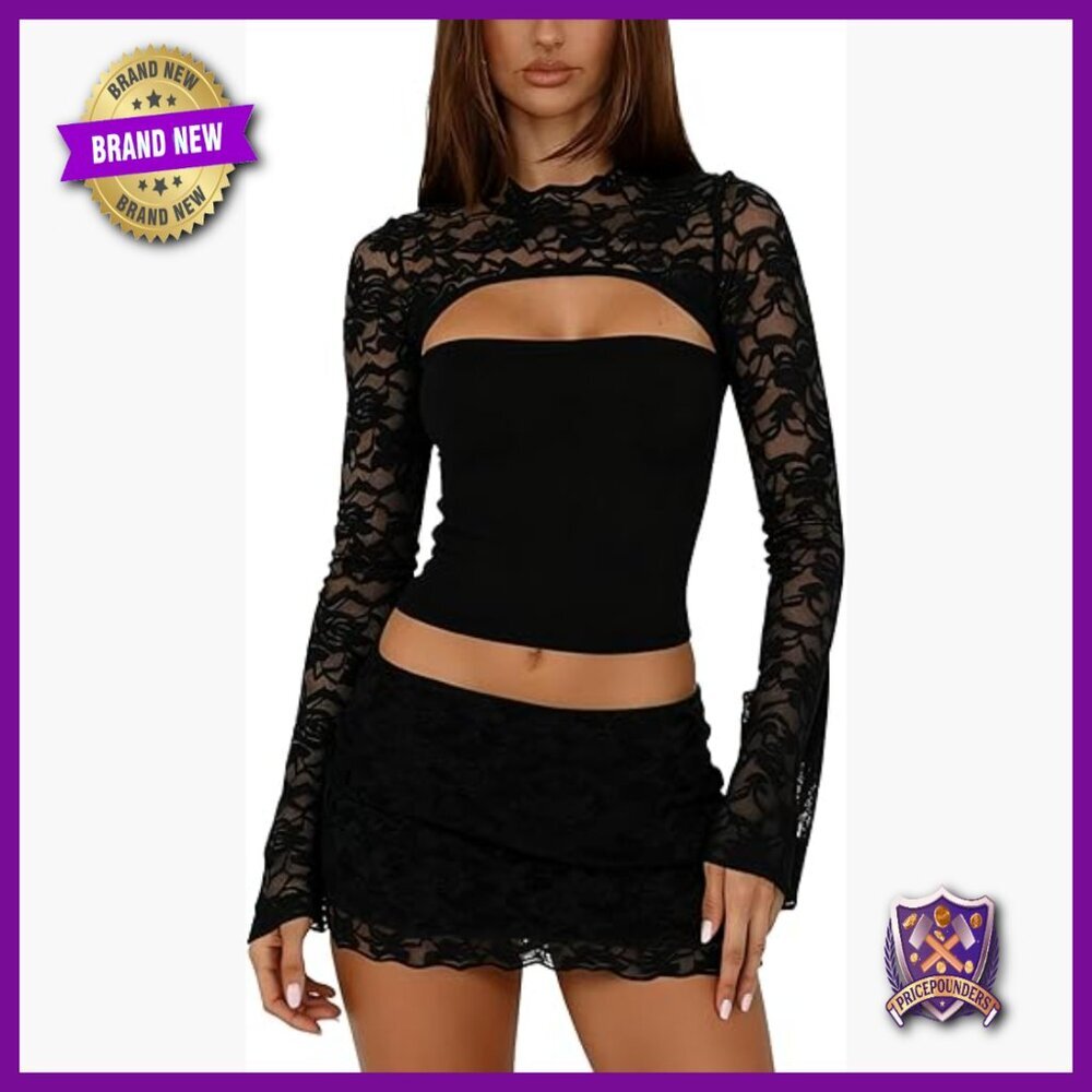 X-Small Lace Long Sleeve Top Mini Skirt Set Y2K Bodycon Going Out Outfit